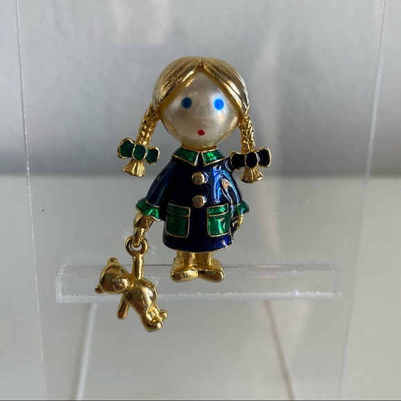 Vintage Little Girl with Teddy Bear Pin Brooch - Picture 2 of 12